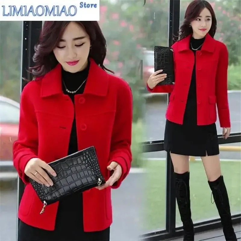 New Women Solid Color Woolen Coat Short Autumn Square Collar Woolen Jacket Femme Single Breasted Tops Female Outwear Black