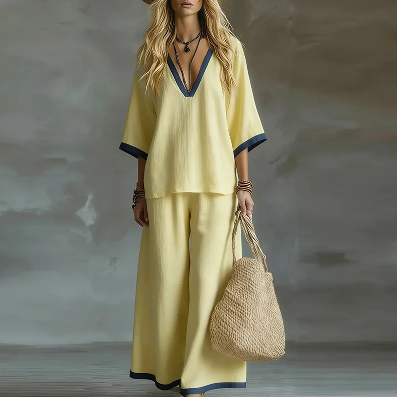 Fashion Cotton Linen Patchwork Color Loose Half Sleeve V Neck Shirt Wide Leg Pants Suit Women Summer Casual Two Piece Set