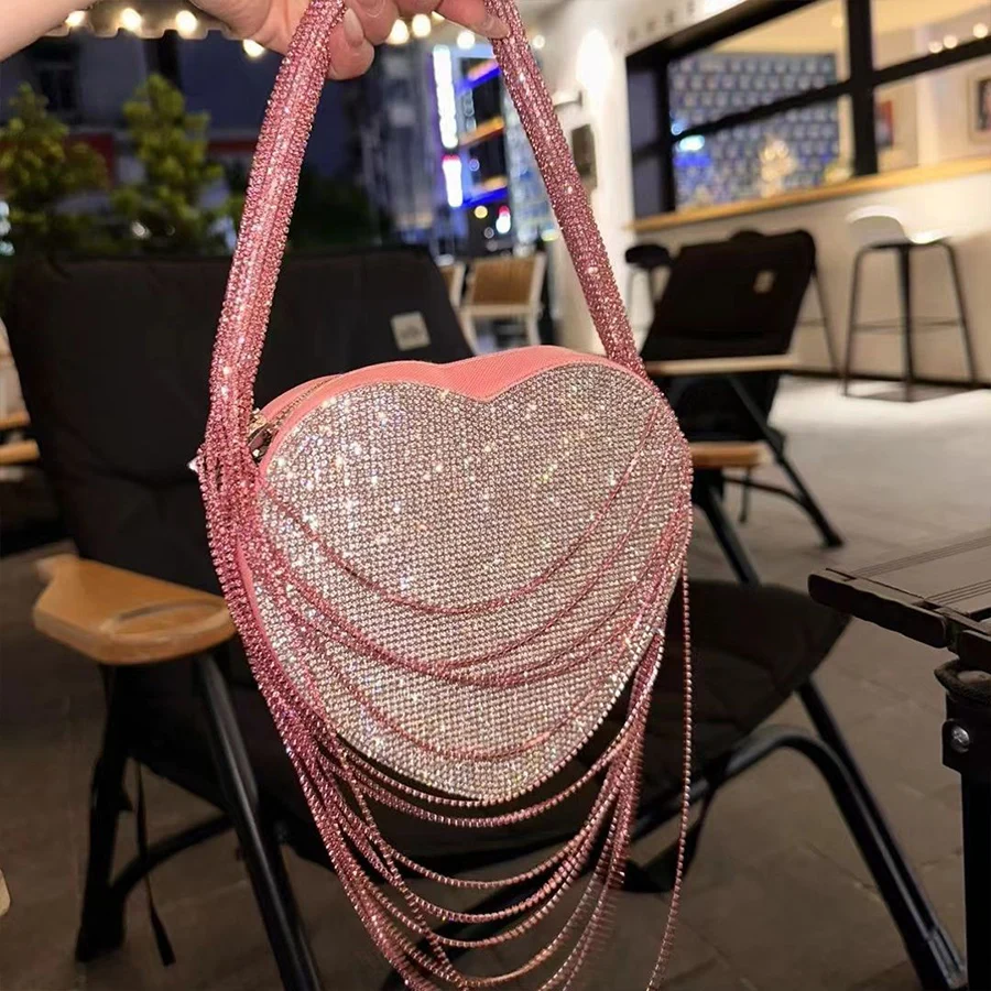 Shiny Tassel Diamonds Heart-Shaped Evening Bags Small Clutch Purse One Side Rhinestones Shoulder Bags Party Wedding handbags Sac