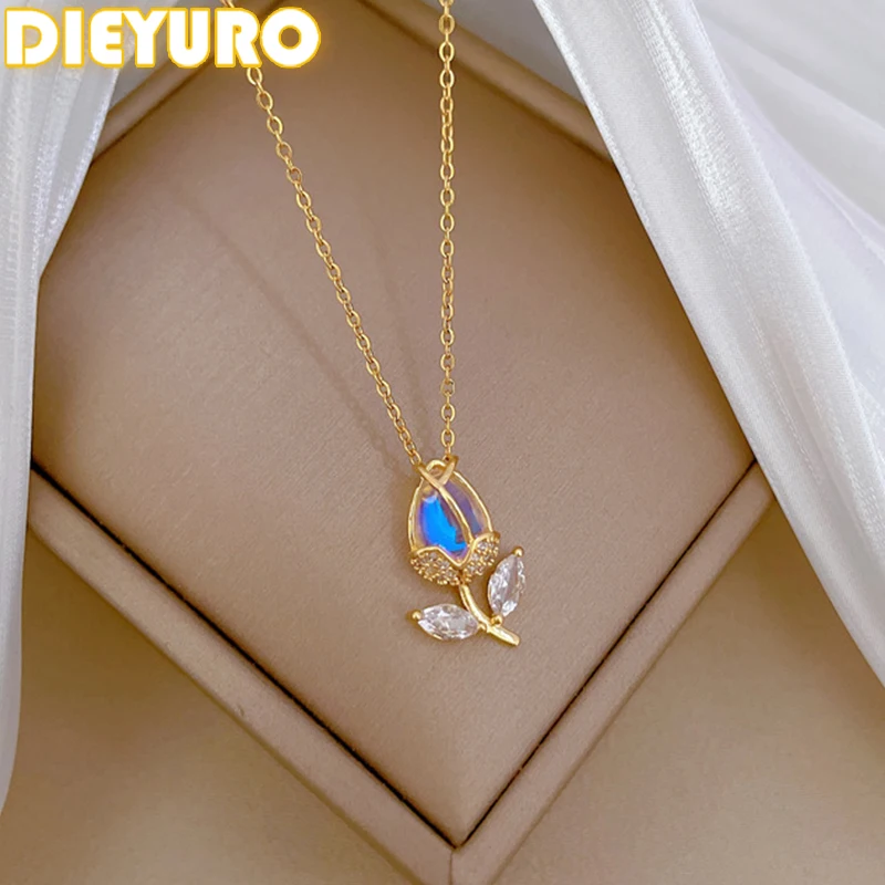 DIEYURO 316L Stainless Steel Sweet Romantic Pink Tulip Pendant Necklace For Women New Trend Fashion Neck Jewelry Glamorous Gift