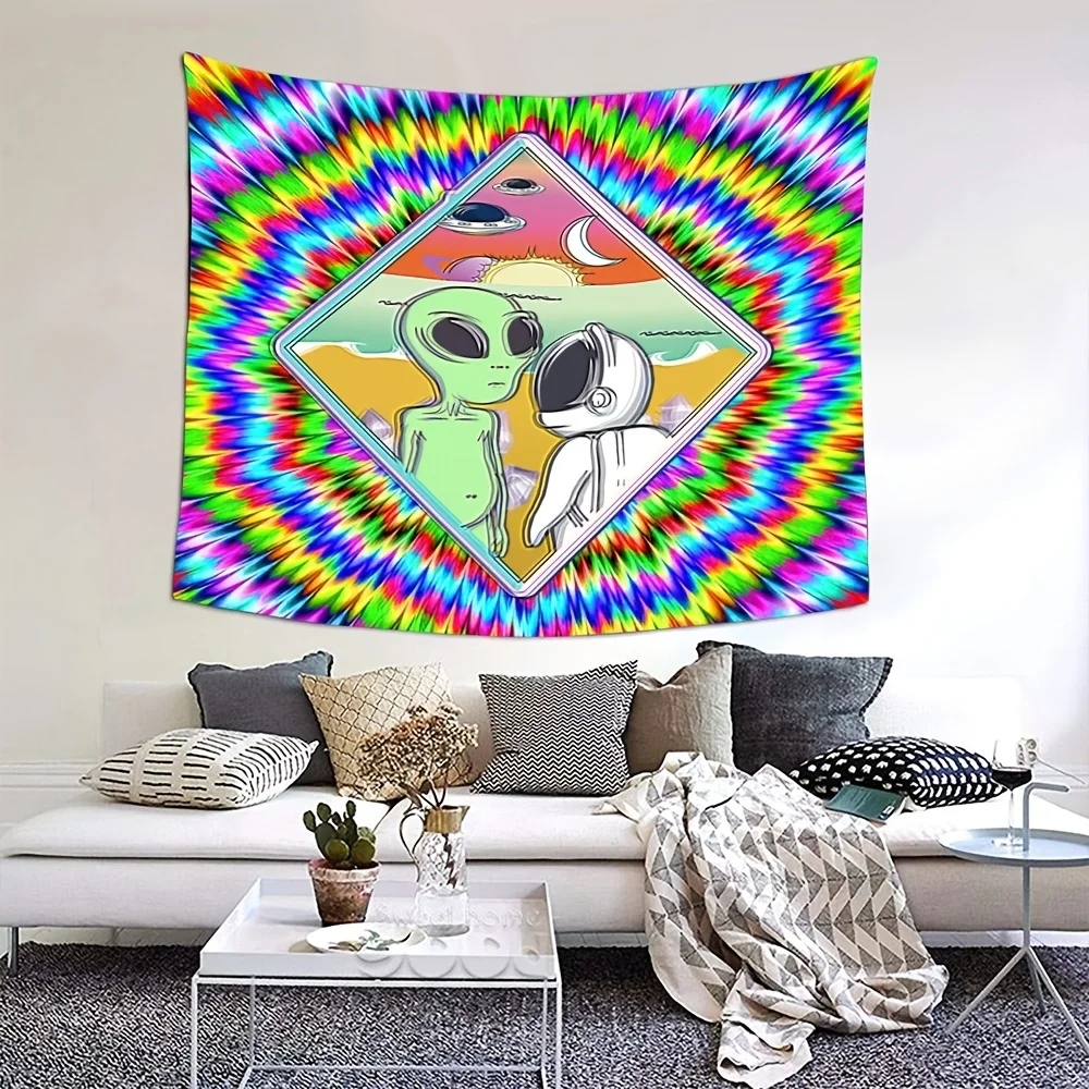 VIKAMA Vibrant Tie-Dye Alien Wandteppich: Astronaut UFO Fantasy Wohnzimmer Sofa Hintergrund Wanddekoration Raumakzent