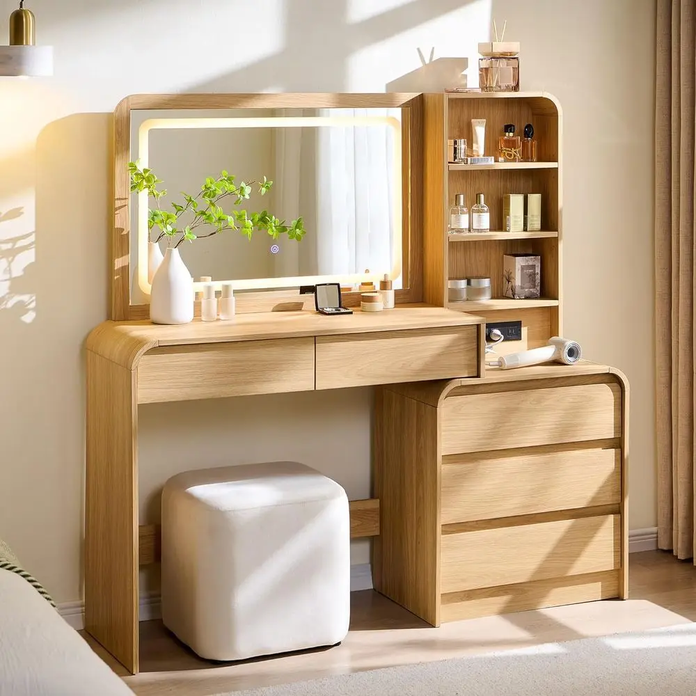 

Aitjunz Vanity Desk with Mirror and Lights, 50” ren Makeup Vanity with 35.43" Mirror and 5 Ders, Makeup Table with Charging Stat