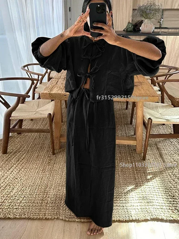 Summer Linen Lace-up Maxi Skirt Sets Women Causal O-neck Long Lantern Sleeve Skirts Suits 2024 New Female Holiday Beach Outfits