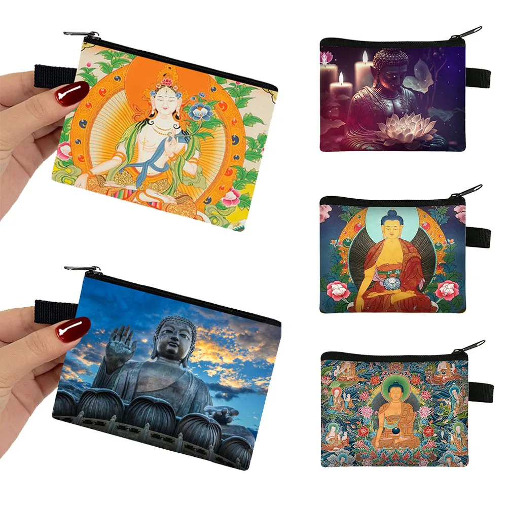 Buddhist Shakyamuni Print Coin Purse Cartoon Lotus Wallets Buddhism God Credit Card Holder Coin Bag Religious Zen Mini Purses