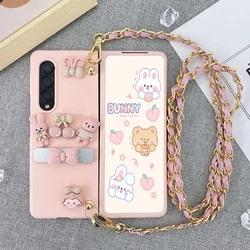 For Samsung Galaxy Z Fold 7 6 5 4 3 2 5G Cherry Rabbit Bear Brcket Stand Holder Matte Case Cover With Crossbody Long Mteal Chain