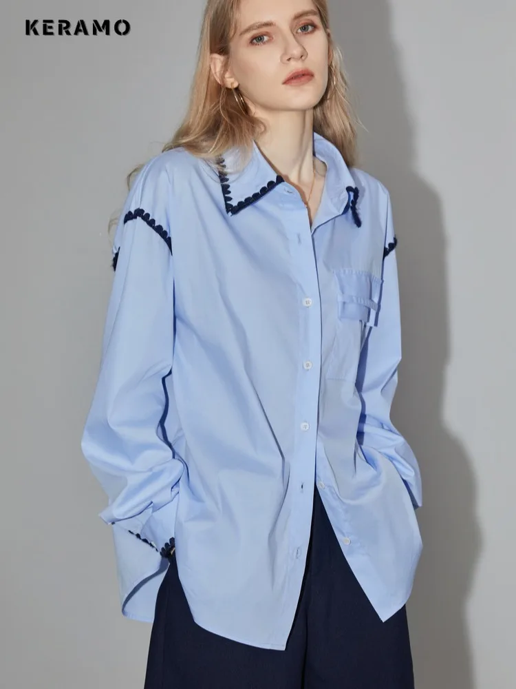 2024 Summer Lady Casual Style Turn-down Collar Blue Blouses Korean Women\'s Chic Single Breasted Loose Fit Long Sleeve Shirts