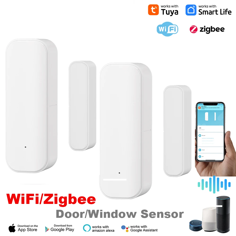 Tuya WiFi Zigbee Window Door Sensor With Battery Smart Home Security Alarm System Voice Control Via Alexa Google Home Smart