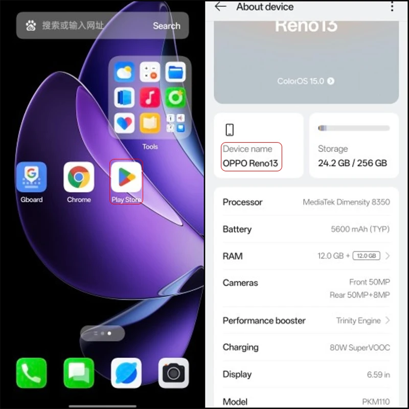 Oppo-reno 13 5g電話、50mpリアカメラ、寸法8350、6.59 ''、2k、q10、120hz、Amoled、5600mah、80w、supervooc、Android 15 nfc、ota、new