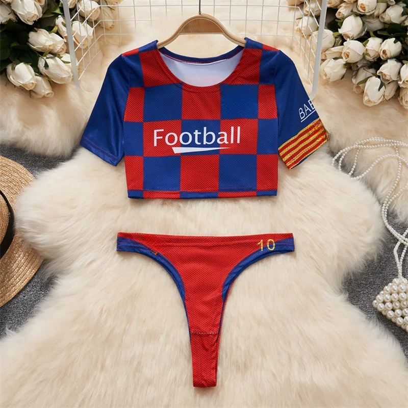 Football Baby Thong 2-piece Suits Basketball Short Sleeve Crop Top Sexy Women Lingerie Cosplay Sport Uniform Skinny Set Print