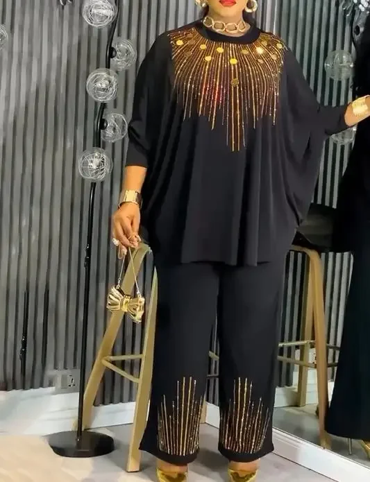 2 Piece Outfit Women Round Neck Batwing Sleeve Loose Top & Wide Leg Pants Set Female Casual Golden Rhinestone & Sequin Decor Set