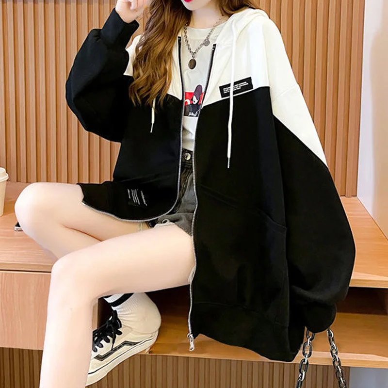 Korean Fleece Contrast Color Oversize Female Hooded Sweatshirts Women Harajuku Streetwear Casual Long Sleeve Zipper Hoodie Coats