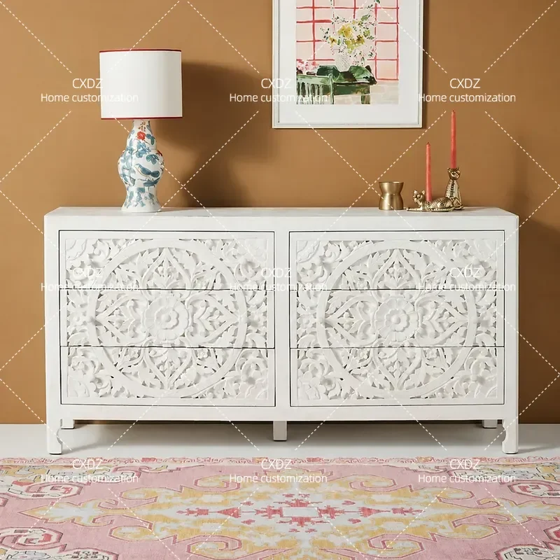 French Retro Solid Wood Six Drawer Chest Cabinet European Engraved Vintage Style Bedroom Storage Locker White Simple Design