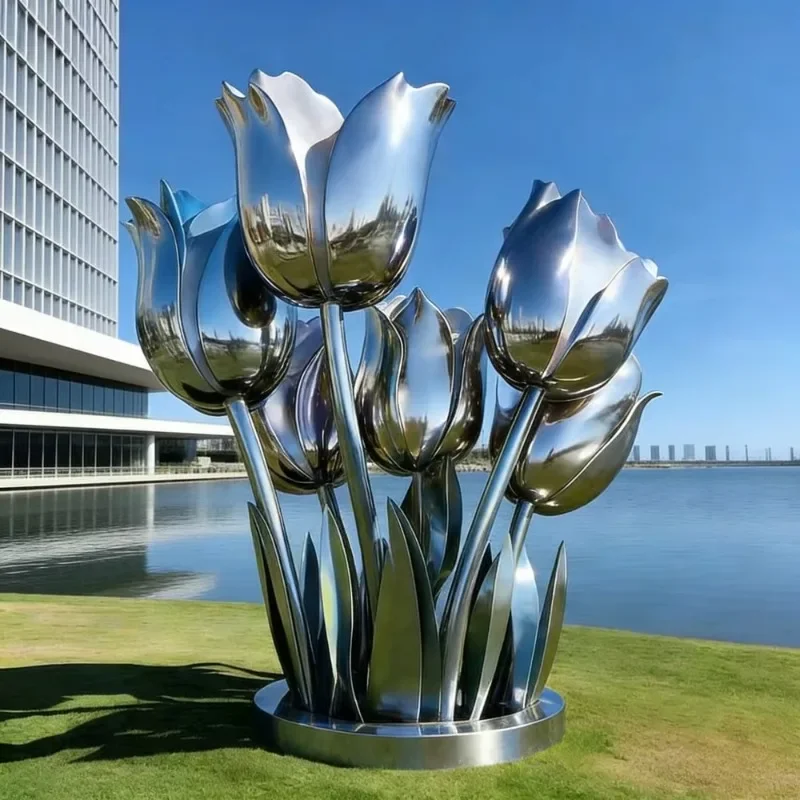 #Polished Stainless Steel Tulip Sculpture With UVPrinting Welding Craft Modern Large Urban Landscape Ornament Exquisite Lifelike