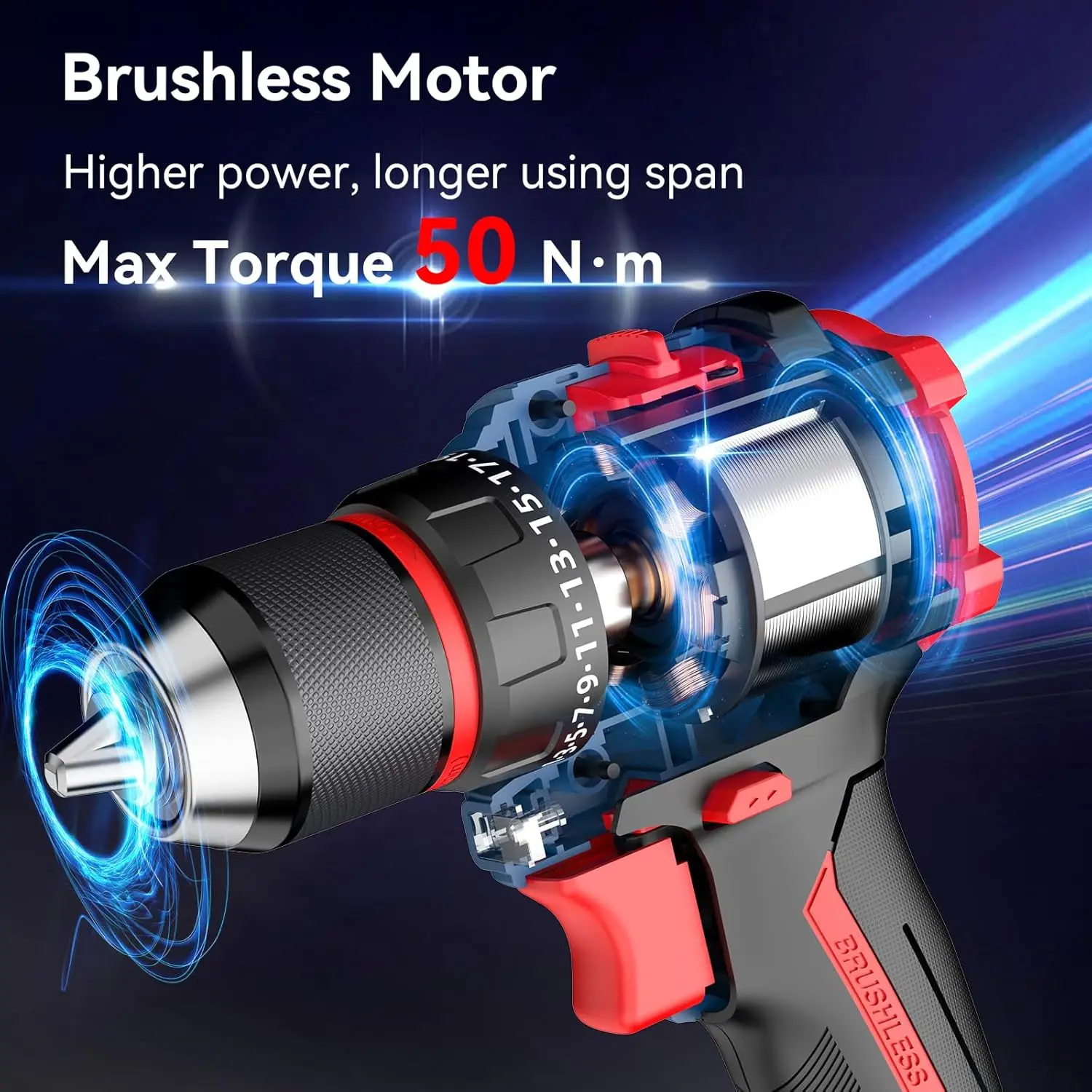 

Industrial Grade Cordless Drill Compatible for Ma-kita Brushless Motor 50Nm Torque 2.0Ah Battery 1/2 Chuck 2-Speed