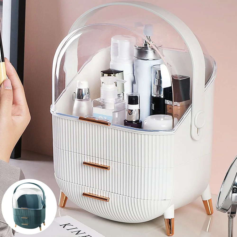 منظم مكياج سطح المكتب، صندوق تخزين مستحضرات التجميل الشفاف، مقاوم للغبار، حاوية مكياج ذات سعة كبيرة، منظم مجوهرات