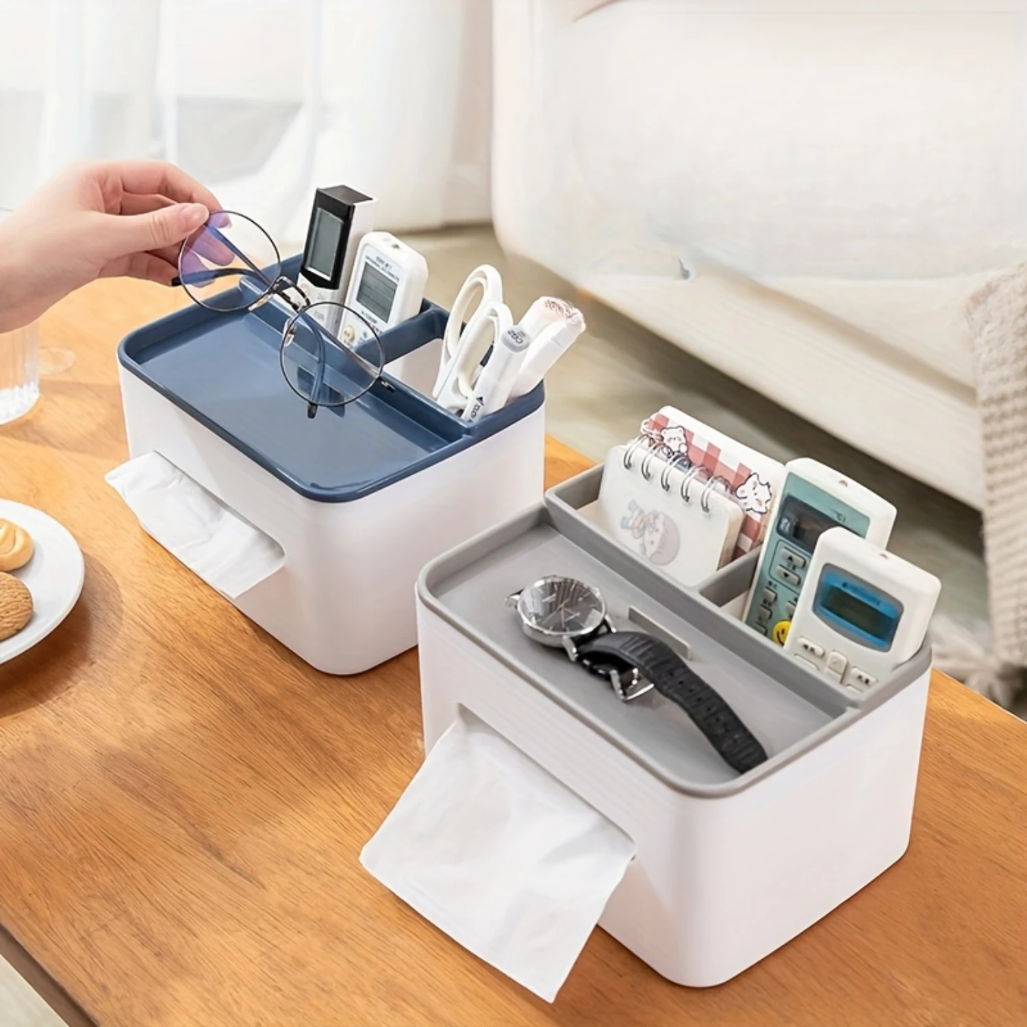 Square Plastic Tissue Box Holder with  Slot for  Controls - Multifunctional Desktop Organizer for Office, Living Room, Bedroom