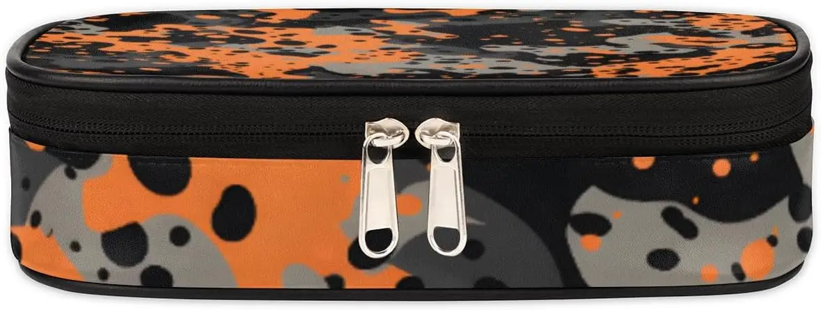 Camouflage Orange Black Leather Pencil Case Pen Holder Large Capacity Stationery Organizer Pencil Bag for Boys Girls Military