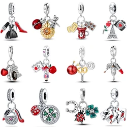 Red 925 Sterling Silver Pomegranate Lipstick Apple Ladybug Playing Cards Charms Beads 3mm DIY Fine Jewelry