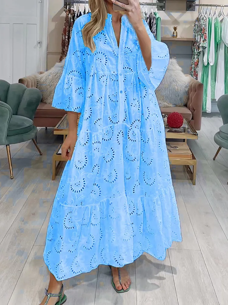 

V Neck Loose Hollow Out Maxi Dress, Women Spring Summer Flare Sleeve Chic Party Dress, 2025 Holiday Solid Patchwork Ladies Dress