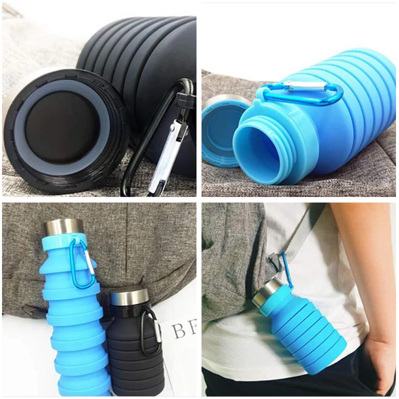 550ML Collapsible Water Bottle, Reuseable BPA Free Silicone Foldable Bottles Portable Hiking Cup For Outdoor Mountaineering Tour