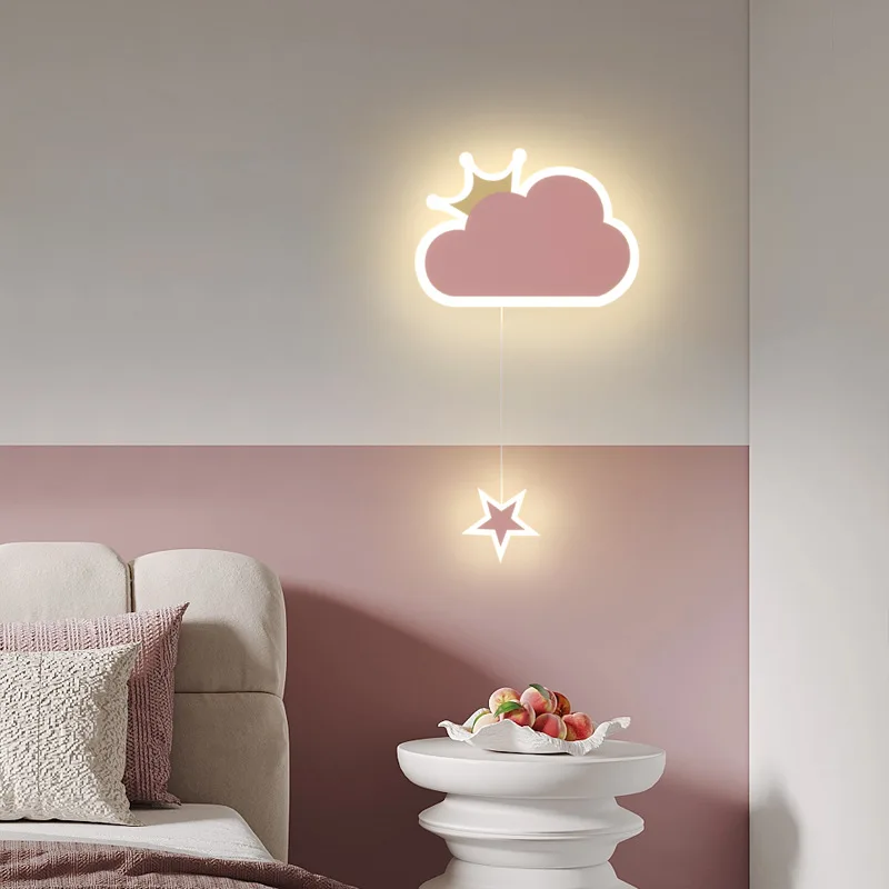 Creative Kids Bedroom Bedside Wall Lamp Pink Cloud Light with Star Blue Planet Boy Girl Children\'s Room Decorative Night Lights