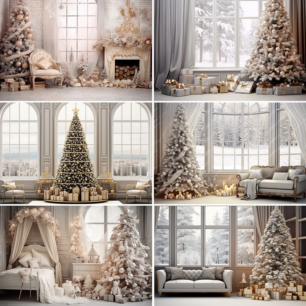 

Bonvvie Christmas Background for Photography Xmas Tree Window Snowy Family Party Decor Kids Portrait Backdrop for Photo Studio