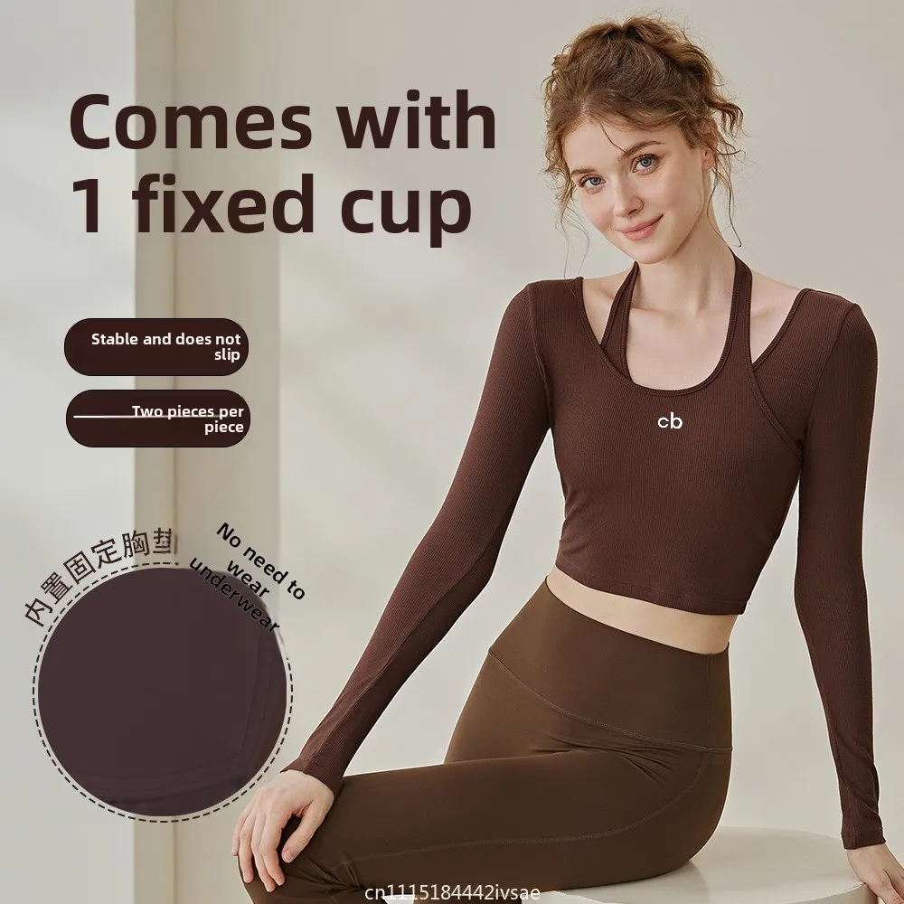2026 New Women Long Sleeve Yoga Comfortable Fake 2 Pieces Cross Halter T-shirt Elastic Breathable Fix-cup Sports Fitness Tops