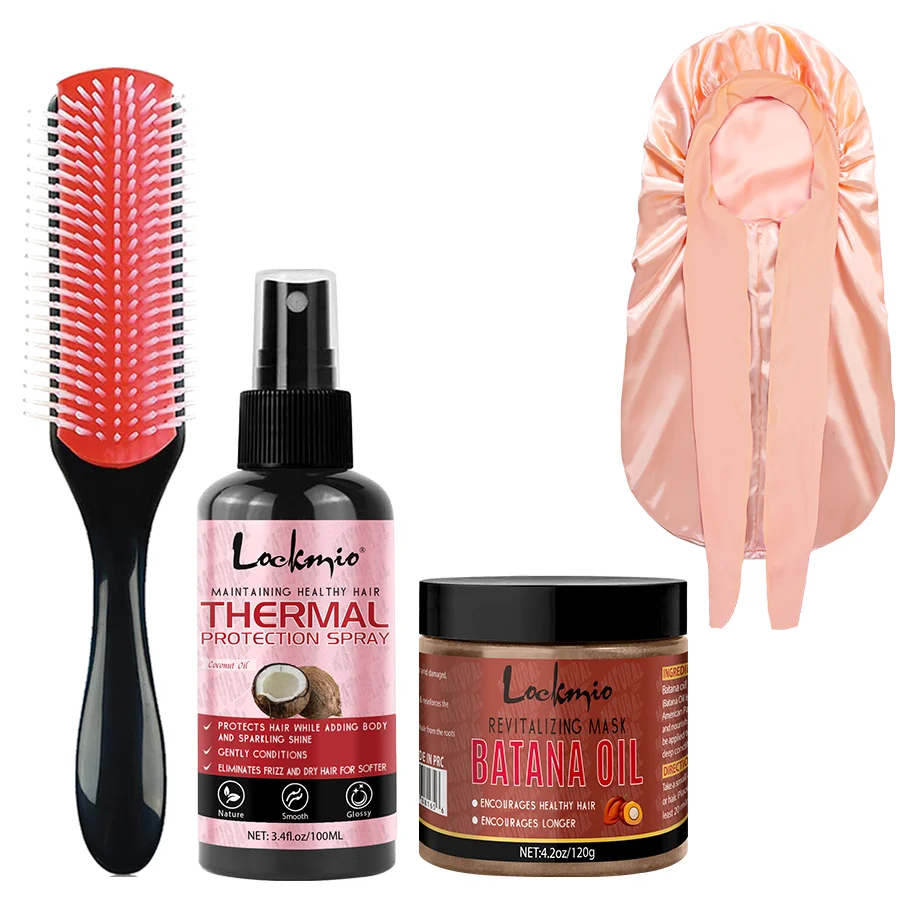 

Hair Care Kit Moisture Nourish Thermal Protection Spray Batana Oil Hair Prevent Heat Damage Mist Nightcap and Nylon 9-row Brush