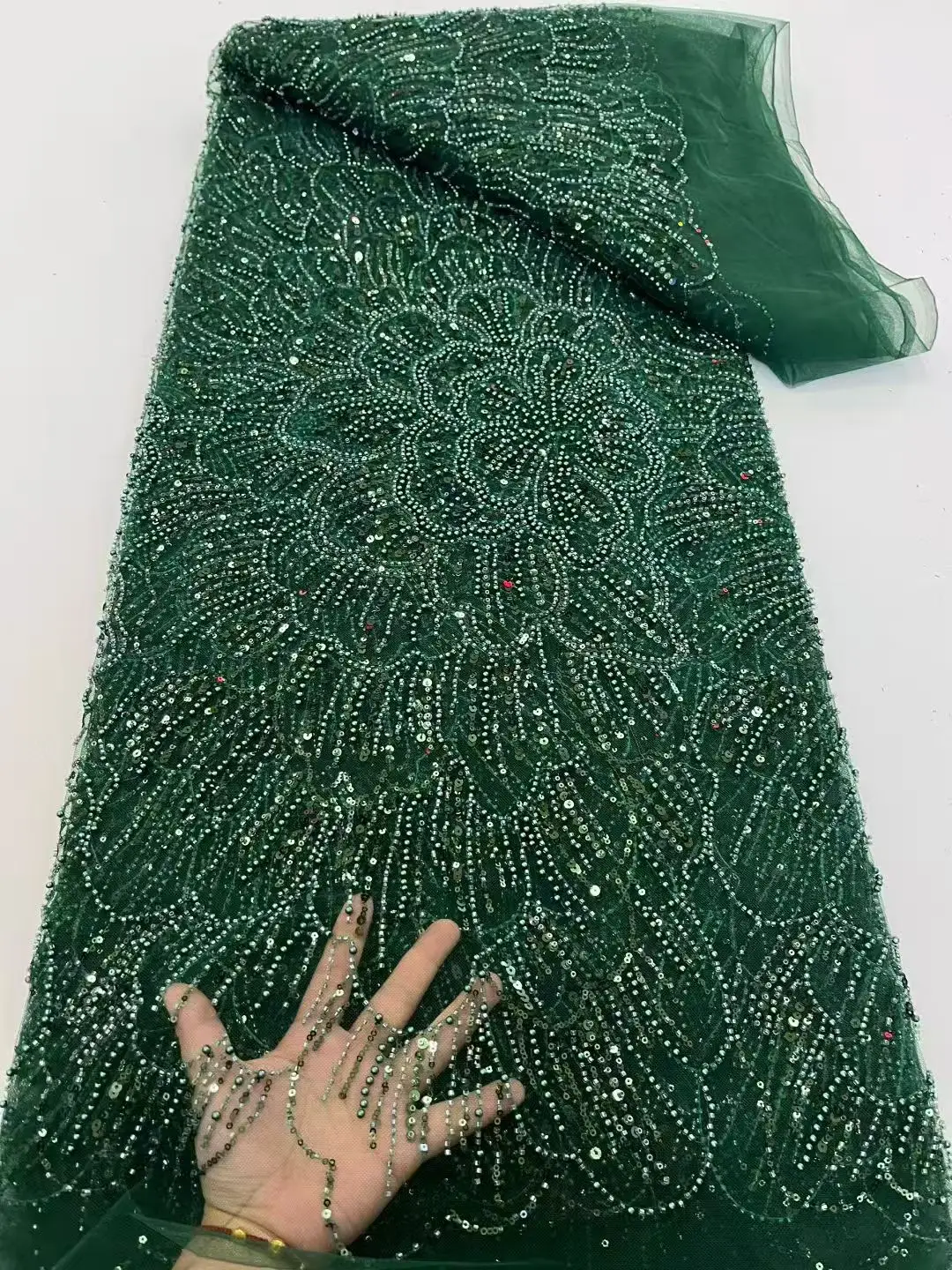 

Green Latest French Beaded Tulle Lace Fabric High Quality African Net Lace Fabrics With Sequins For Evening Dresses