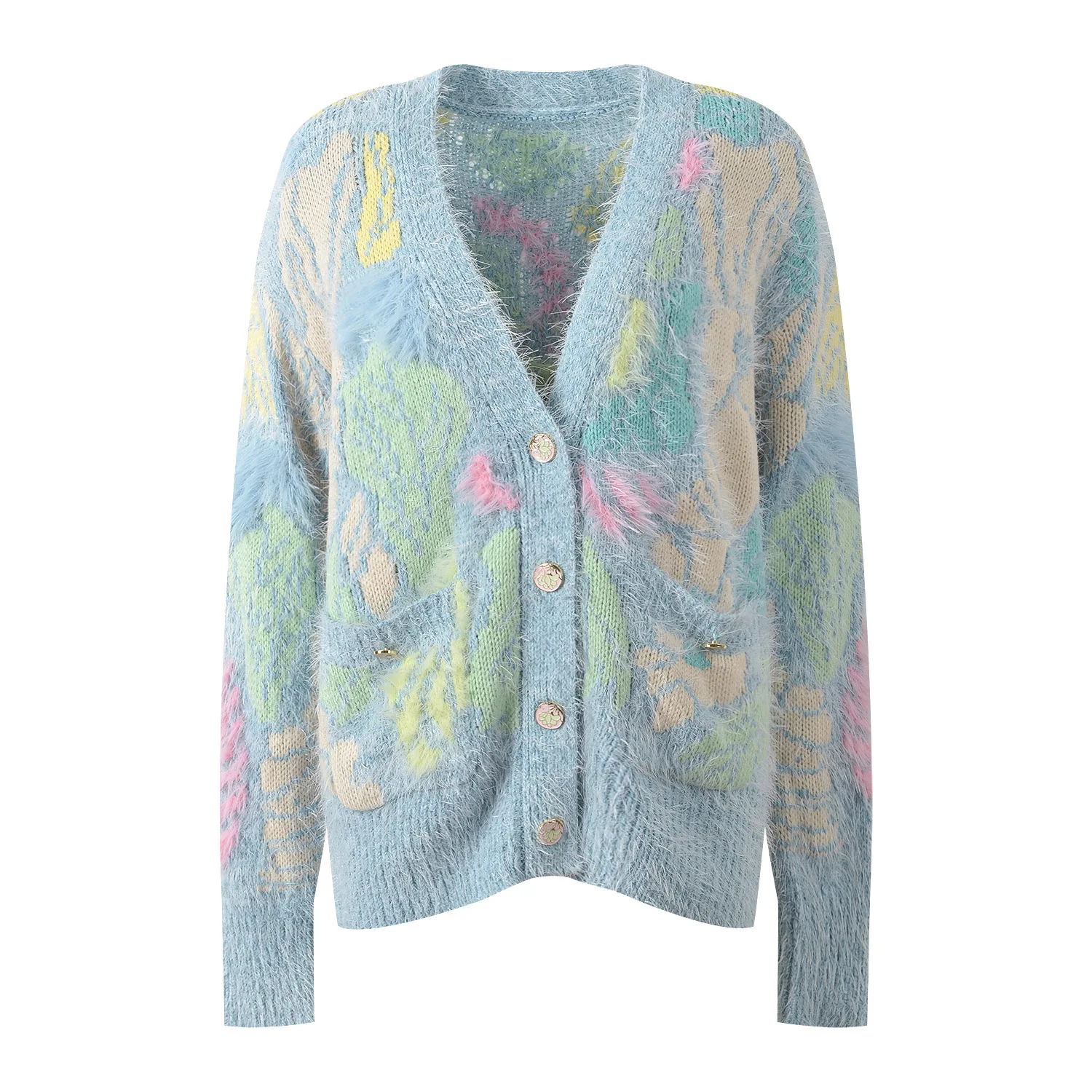 High-End European Sle Autumn Winter Floral Long Sve Knitted Sweater Coat Casual V-Ne Open Cardigan for Women