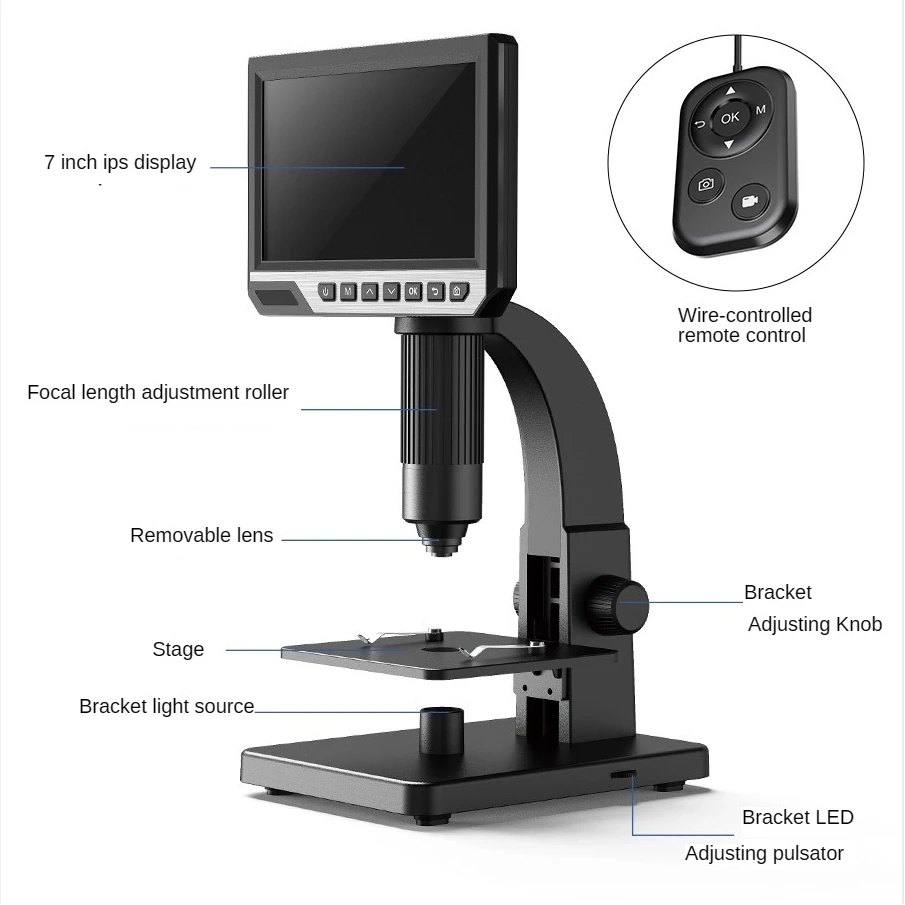 

315 Biological Microscope Dual Lens 2000X 7" IPS HD Digital Microscopes For Soldering Study With Remote Control