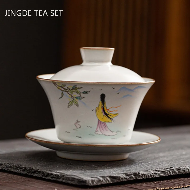 Chinese Ru Kiln Ceramic Gaiwan Travel Tea Bowl Household Handmade Teaware Accessories Drinkware Portable Personal Teacup 150ml