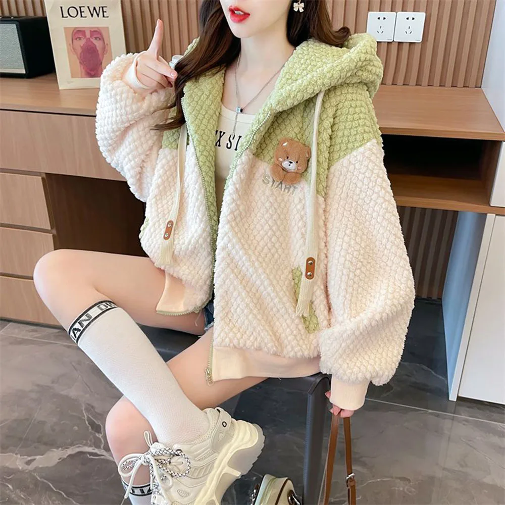 Autumn Winter Lamb Wool Cute Sweatshirts Coat Women\'s Trend Thicken Loose Hooded Jacket Female Cartoon Bear Casual Hoodies Tops