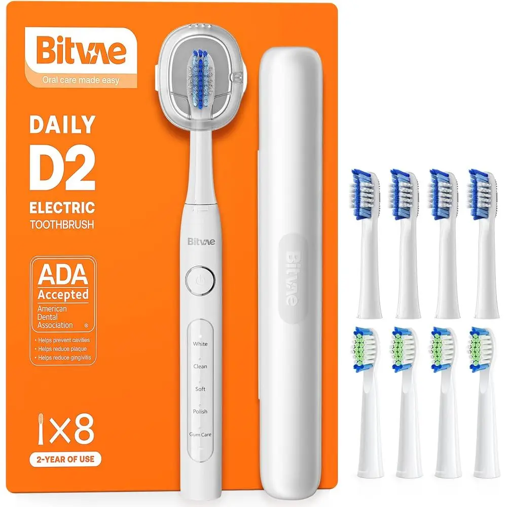 

Rechargeable 60-Day Battery Travel Toothbrush for Adults and Kids, 5 Modes, 8 Settings, White with Case and Holder