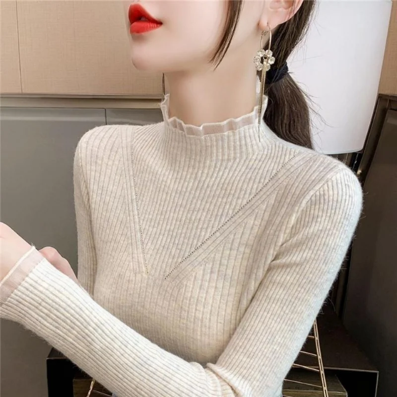 

Pullover female autumn and winter semi high neck sweater bottoming shirt women interior foreign lace splicing knitwear pullover