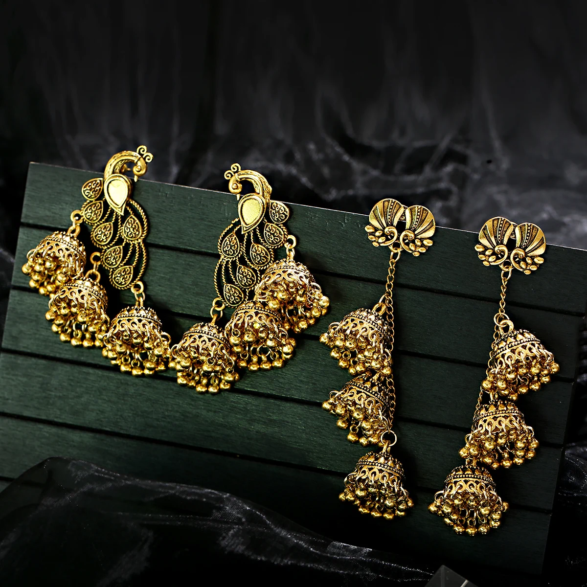 Luxus Vintage Gold Farbe Pfau Hochzeit Ohrringe frauen Ethnische Indische Türkische Lange Glocken Quaste Oxidiert Jhumka Schmuck