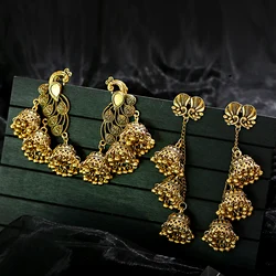 Luxury Vintage Gold Color Peacock Wedding Earrings Women's Ethnic Indian Turkish Long Bells Tassel Oxidised Jhumka Jewelry