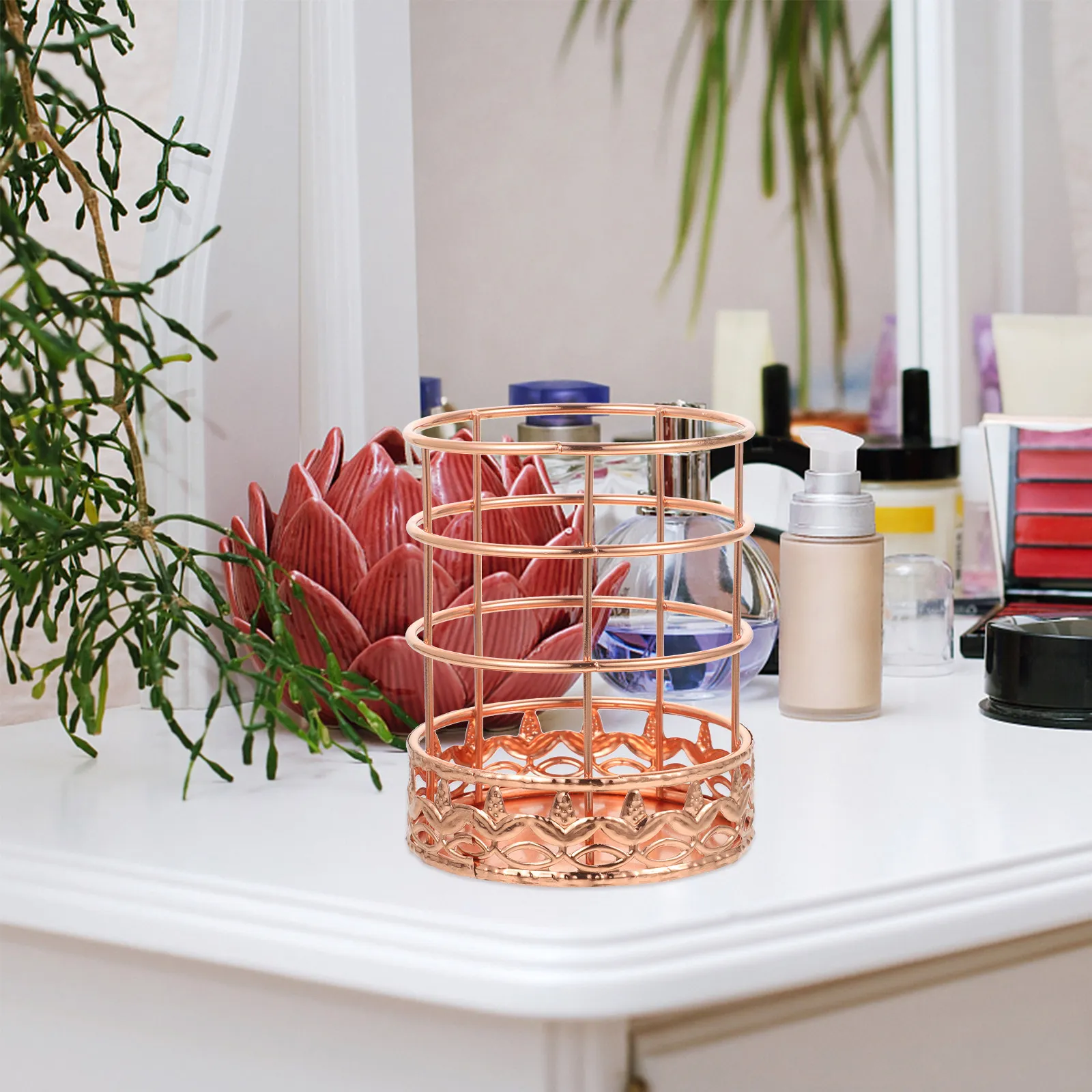 Rose Gold Metal Pen Holder Mesh Desk Organizer Non Slip Base for Pencils Rulers Scissors and Makeup
