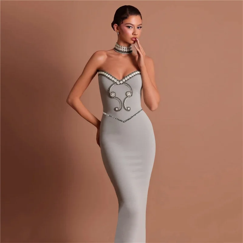 

Grey Women's Prom Dress With Necklace Luxury Stone Crystals Sexy Sleeveless Formal Evening Gown Sheath Elegant Guest Party Robe