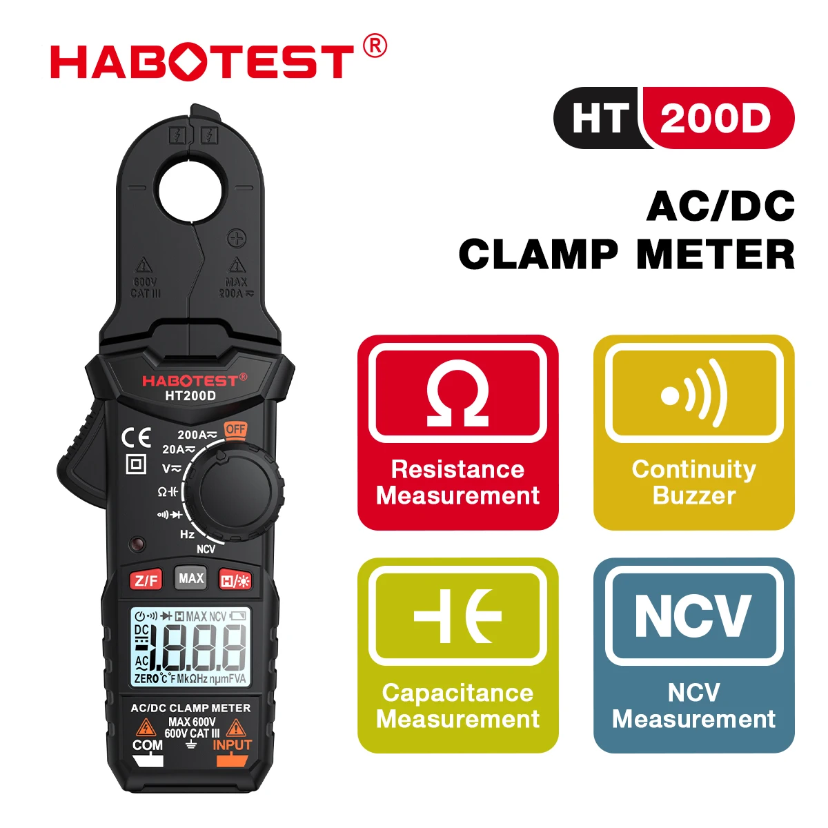 

HABOTEST HT200D Clamp Meter DC/AC Current Voltage Digital Clamp Meter Measure the frequency of resistance capacitance NCV Test