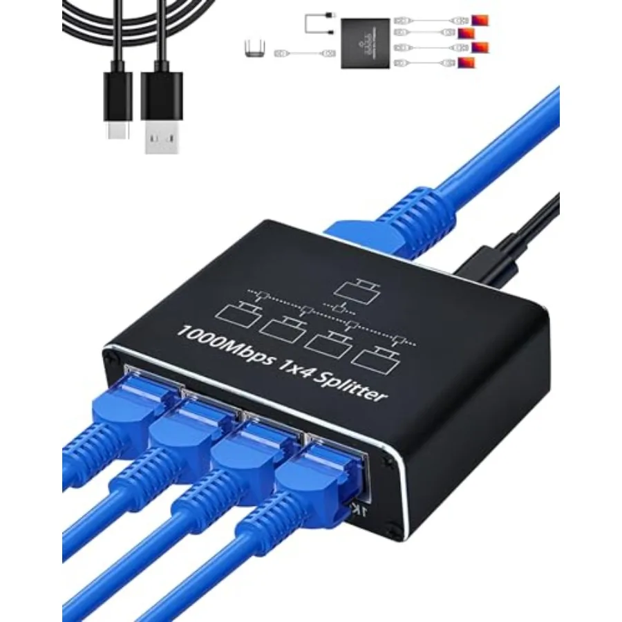 Network with USB Power Cable, RJ45 Internet Splitter Adapter 1000Mbps High Speed for Cat 5/5e/6/7/8 Cable [4 Devices Networked