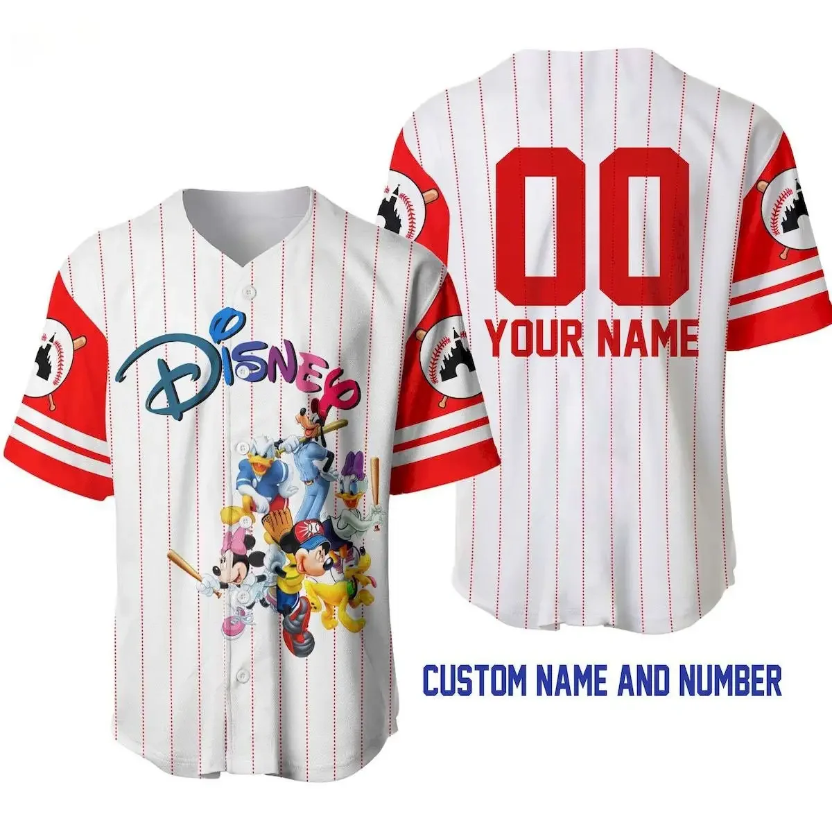 

Disney White Red Baseball Jersey, Donald Mickey Minnie Goofy Baseball shirt 3D T-shirt