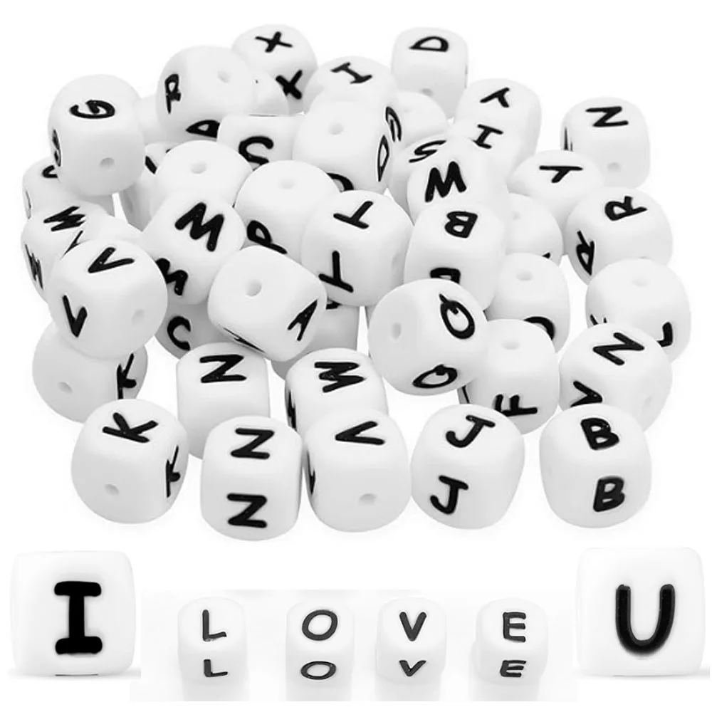 10Pcs 12mm Letter Silicone Beads Cube White Alphabet Beads A-Z Loose Spacing Beads Diy Bracelet Jewelry Accessories