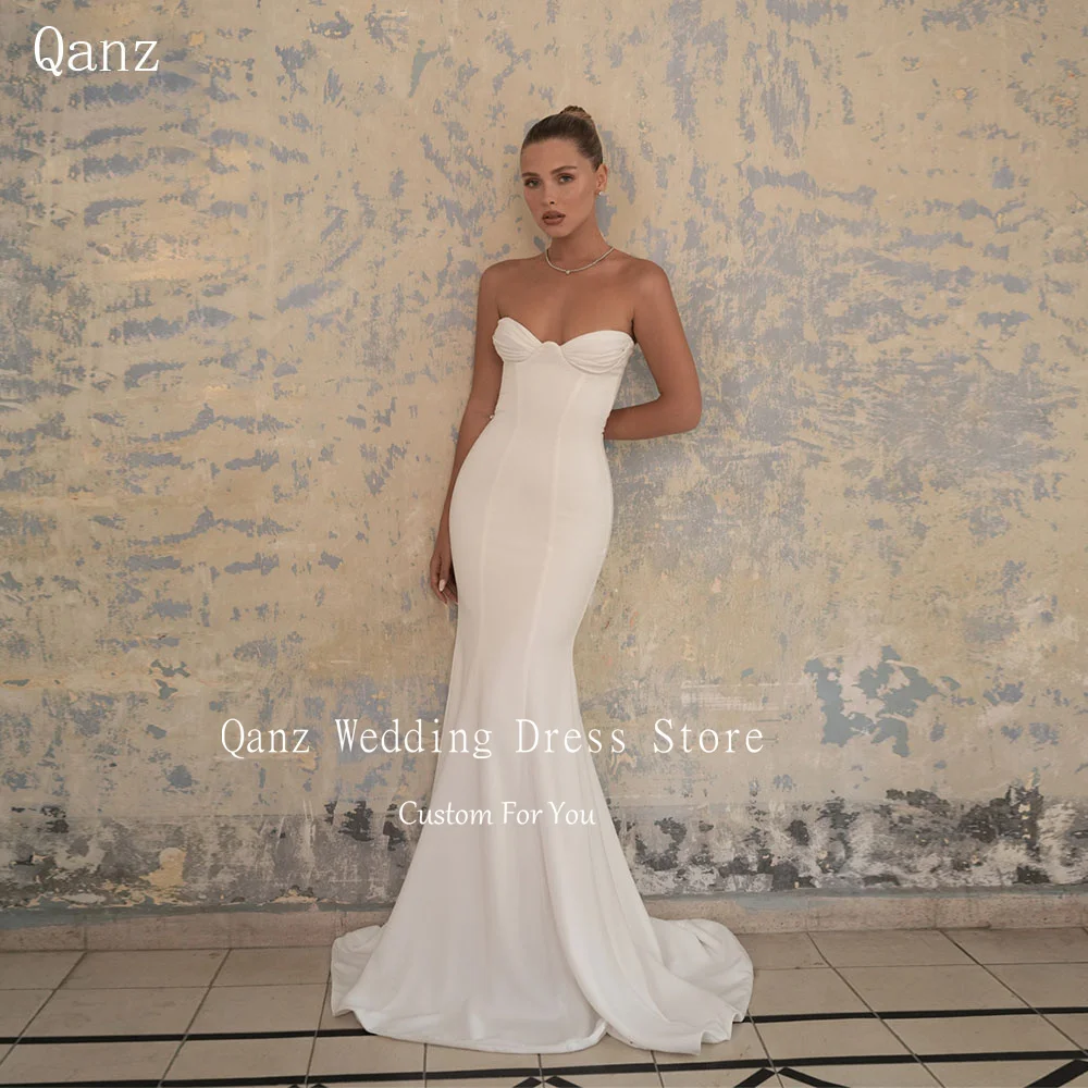 Qanz Minimalism Mermaid Wedding Dresses Ivory Women Sweetheart Long Train Robe De Mariée Open Back Vestido De Novia Customized