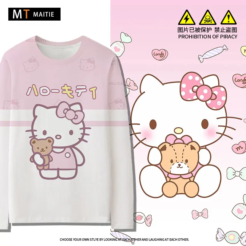 HelloKitty Long sleeved T-shirt Women's Instagram Trendy Brand Three Liou Kitty Co branded Clothes Girl's Sports Shirt Autumn