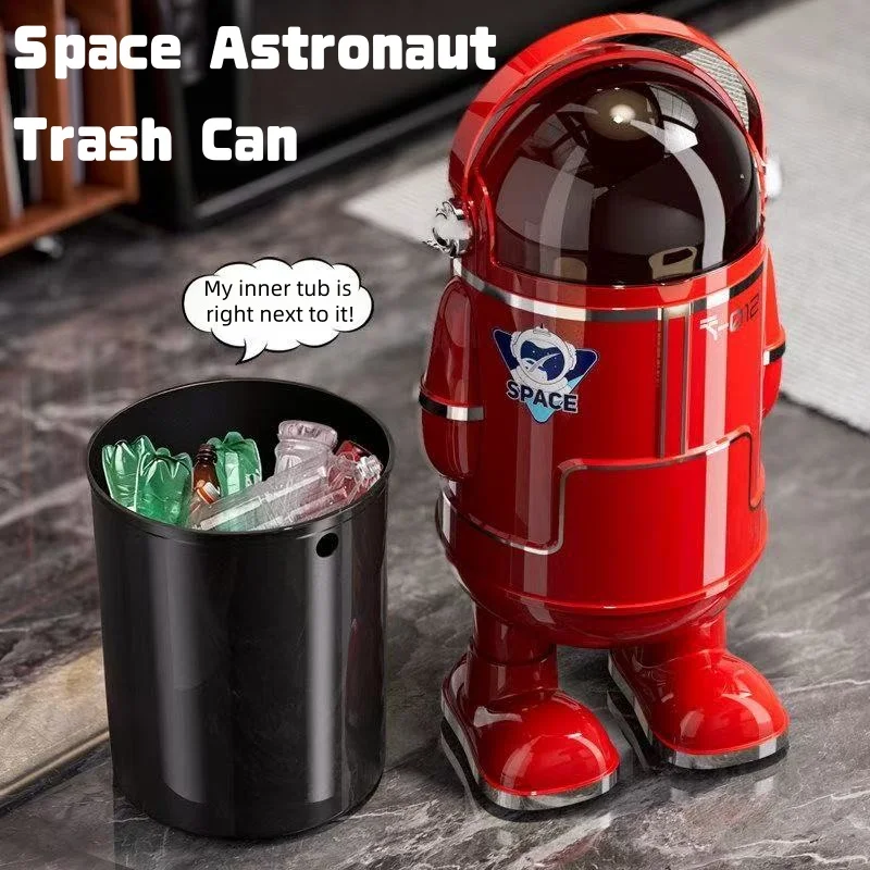 Astronaut Trash Can with Wheels Hand Touch Protective Lid Portable Garbage Bin for Kitchen Bathroom Office Home Use Easy Move