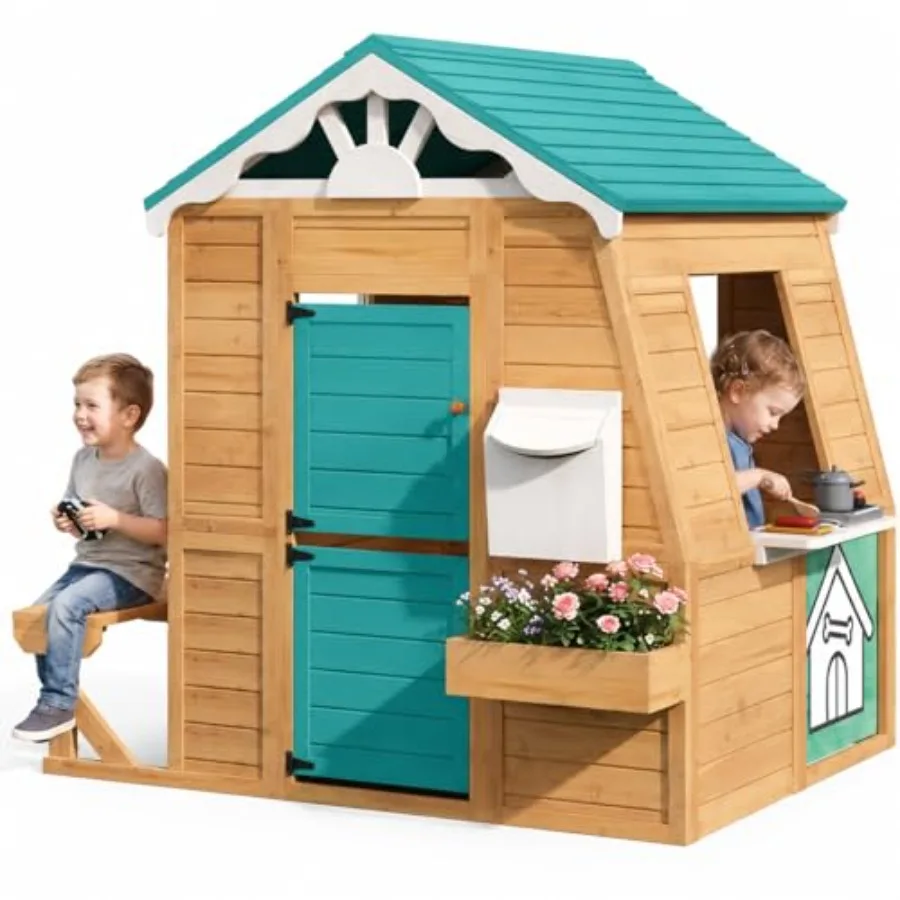 Outdoor playhouse for backyard use, made of Finnish spruce wood in natural wood color, featuring kitchen playset, mailbox, benc