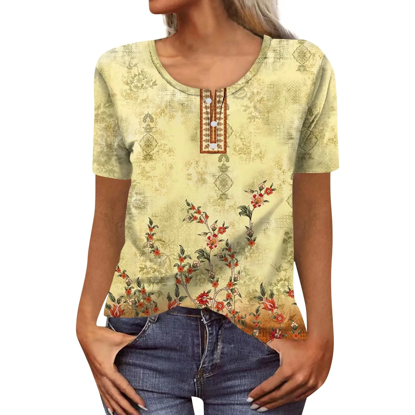 3d Retro Ethnic Style Flower Print Pattern Short Sleeved T-Shirt Fashionable Button Top Casual Women's Casual Long Sleeved Wg19