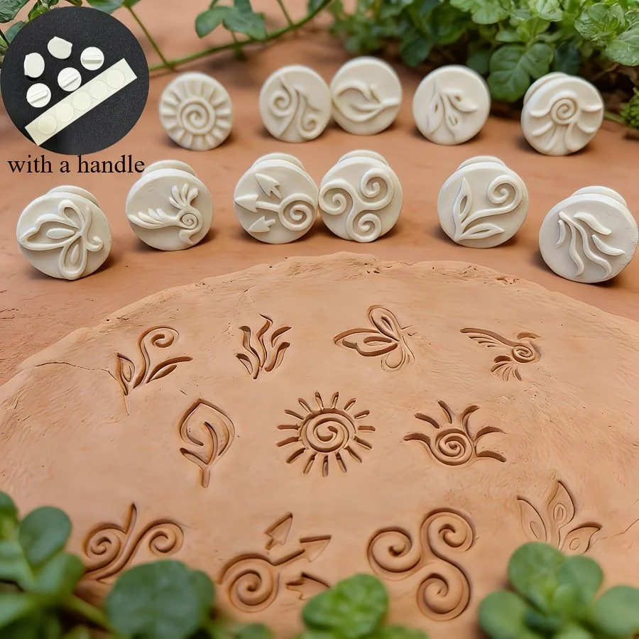 12 piece set (with handle) exquisite mold seal, polymer clay mold - spiral, leaf, sun symbol, smooth lines and element shapes