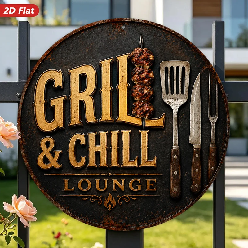 2D Flat, 1pc Grill Chill Round Metal Sign Wall Art, Perfect for Workspace Bedroom, Home Decor, Modern Minimal Aesthetic, Vintage